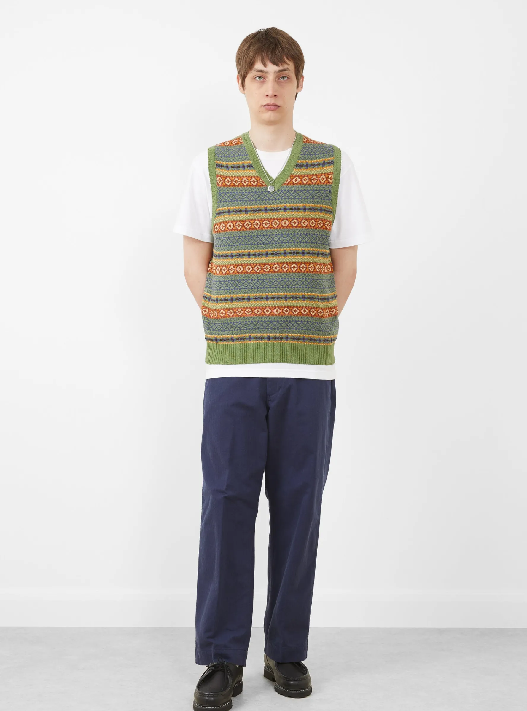 Cotton/Linen Vest Fair Isle Pattern<Beams Plus Hot